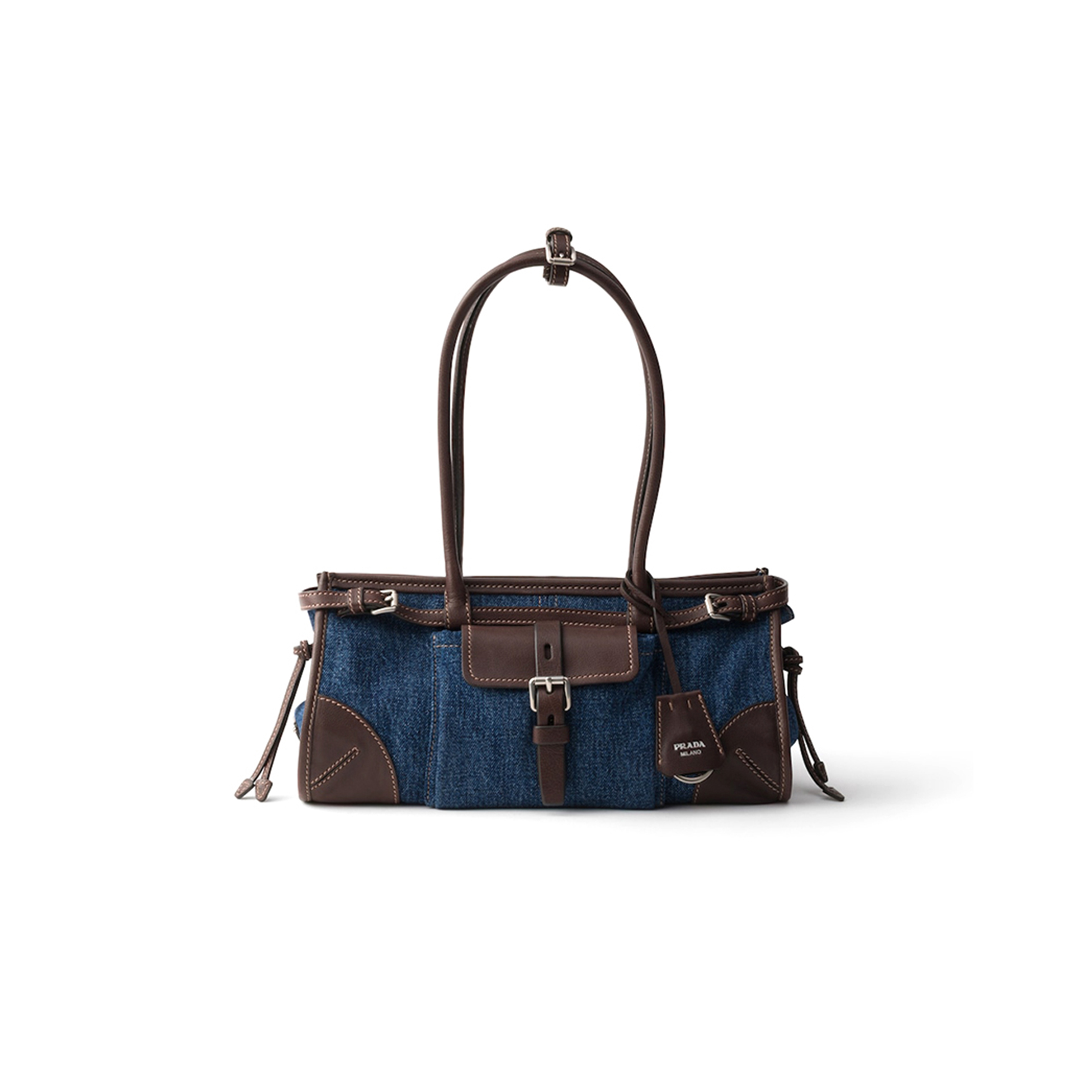 PRADA BONNIE MEDIUM DENIM AND LEATHER HANDBAG 1BA426 (32*15.5*12cm)